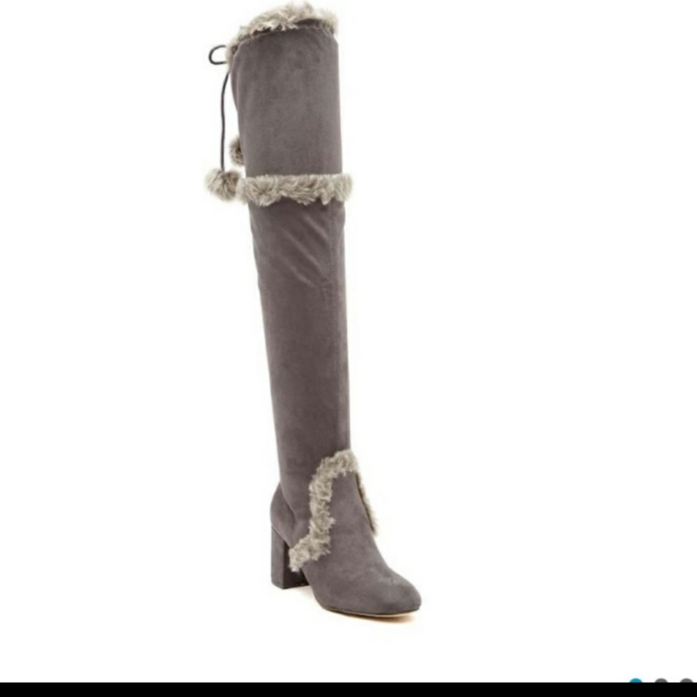 Over The Knee Grey Faux Fur Pom Pom Boots Women's Size 8 Charles David - Picture 2 of 11